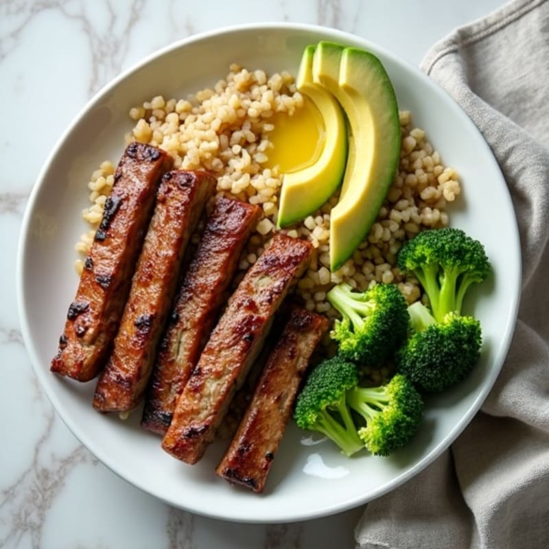 Grilled Beef Strips with Brown Rice and Steamed Broccoli