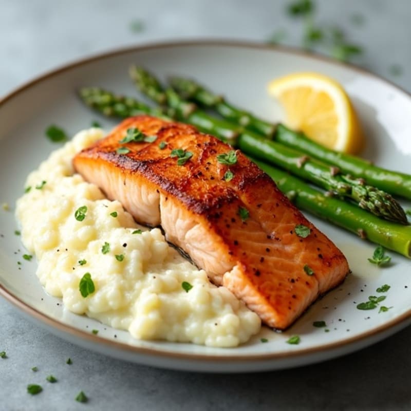 Seared Salmon Fillet with Steamed Asparagus and Cauliflower Mash