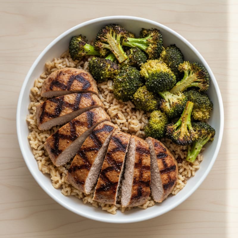 Grilled Turkey Burger Bowl with Brown Rice and Roasted Broccoli