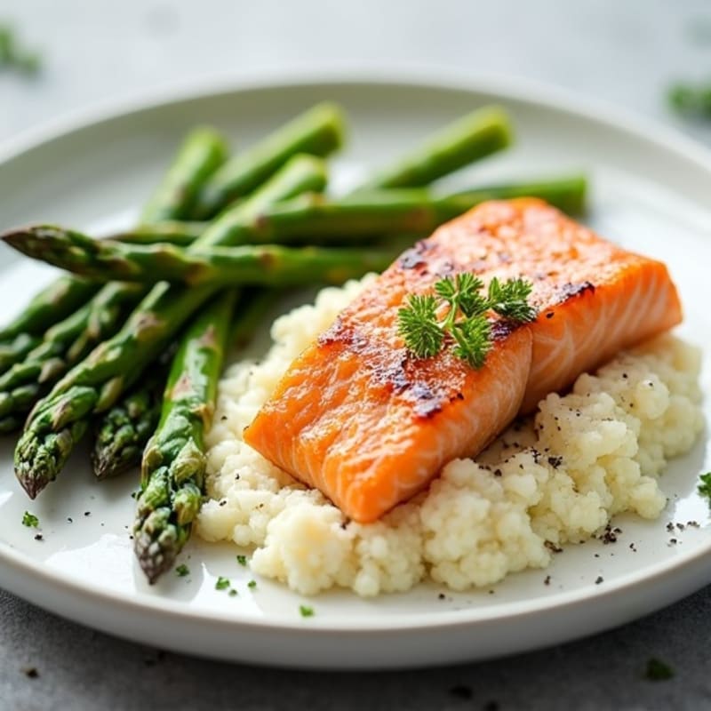 Seared Salmon Fillet with Steamed Asparagus and Garlic Cauliflower Mash