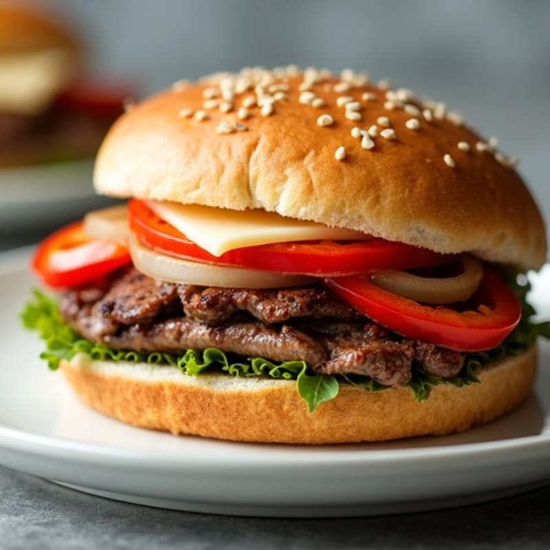 Lean Steak Sandwich with Sautéed Peppers, Onions, and Melty Provolone