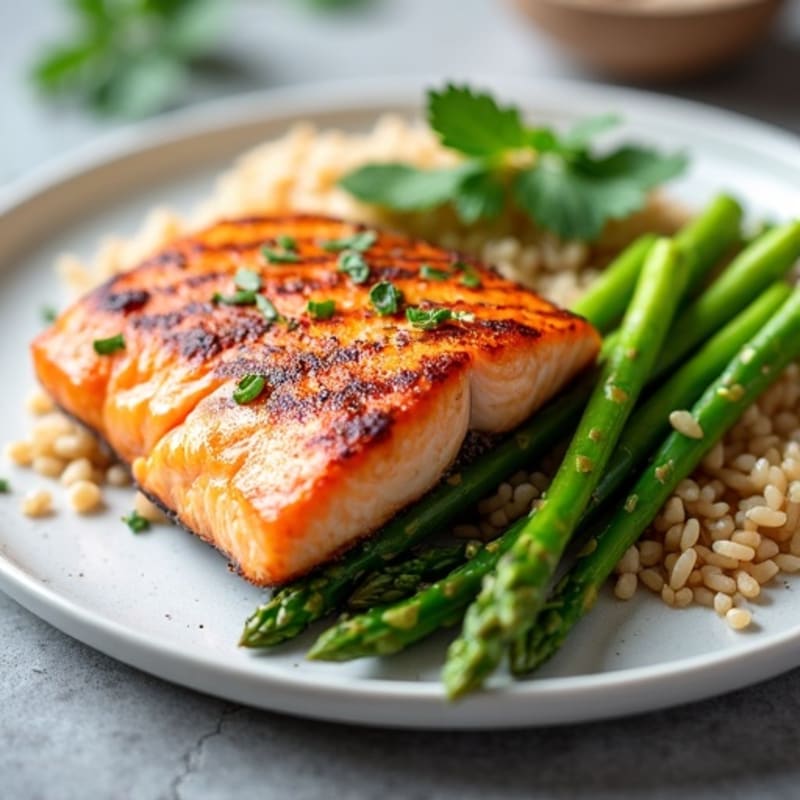 Seared Salmon with Steamed Asparagus and Brown Rice