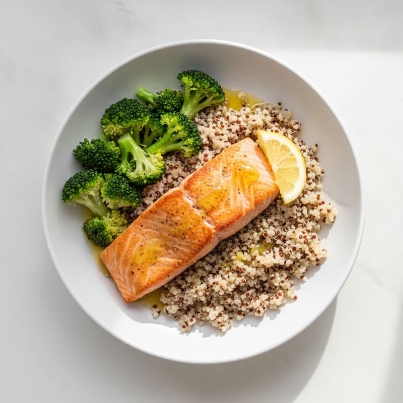 Seared Salmon Fillet with Steamed Broccoli and Quinoa