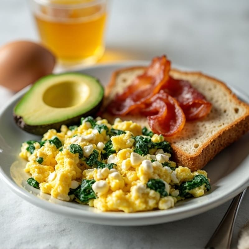 Egg White Spinach Scramble with Cottage Cheese and Turkey Bacon