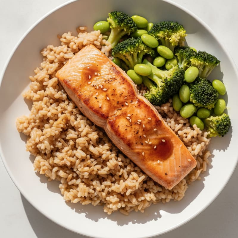 Seared Salmon with Steamed Broccoli and Ginger Soy Brown Rice