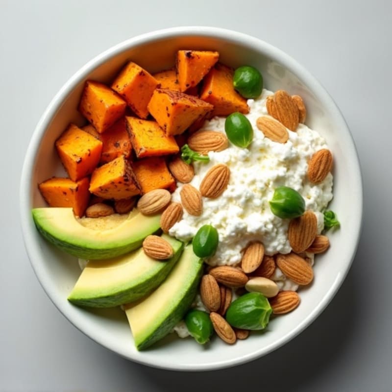 Creamy Cottage Cheese Power Bowl with Roasted Sweet Potatoes, Sliced Avocado, and Toasted Almonds