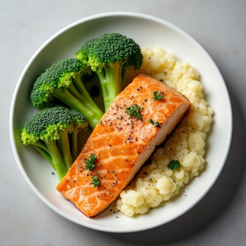 Seared Salmon with Steamed Broccoli and Garlic Cauliflower Mash