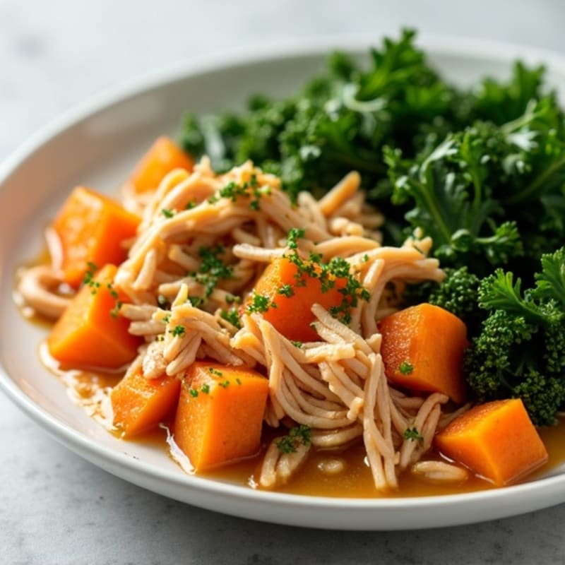 Slow Cooker Shredded Chicken with Sweet Potatoes and Greens