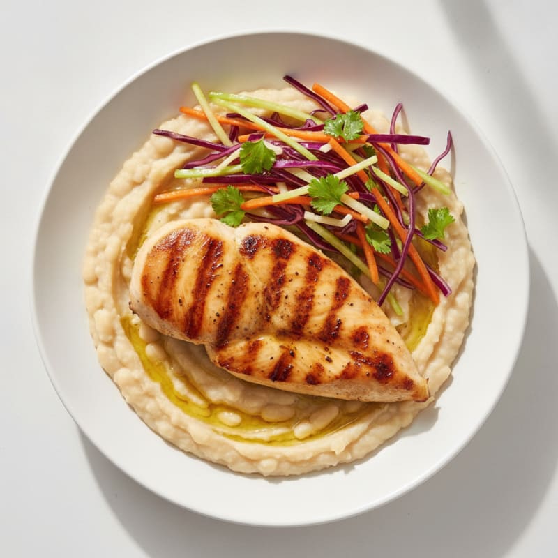 Grilled Chicken Breast with Crunchy Veggie Slaw and White Bean Mash