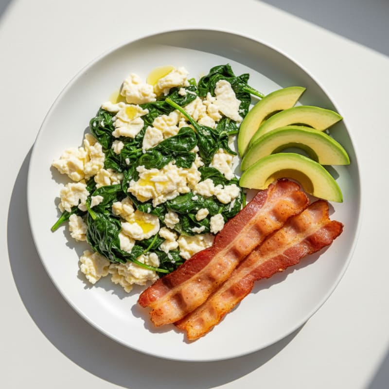 Crispy Turkey Bacon and Egg White Scramble with Sautéed Spinach