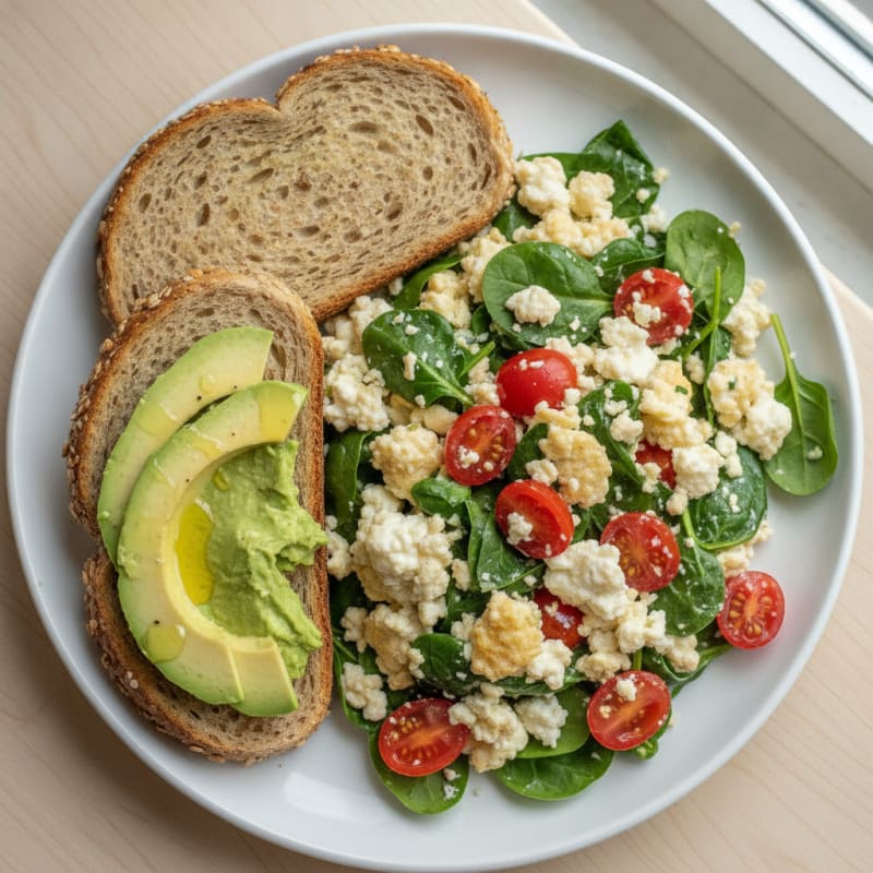 Egg White Spinach Scramble with Cottage Cheese and Cherry Tomatoes