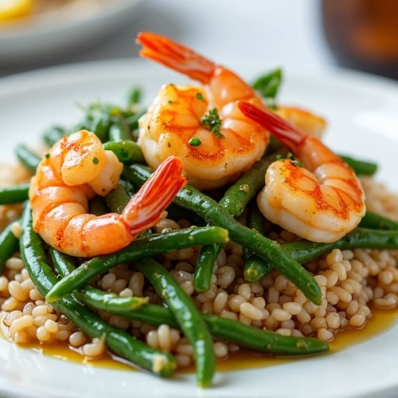 Seared Shrimp with Garlic Green Beans and Brown Rice