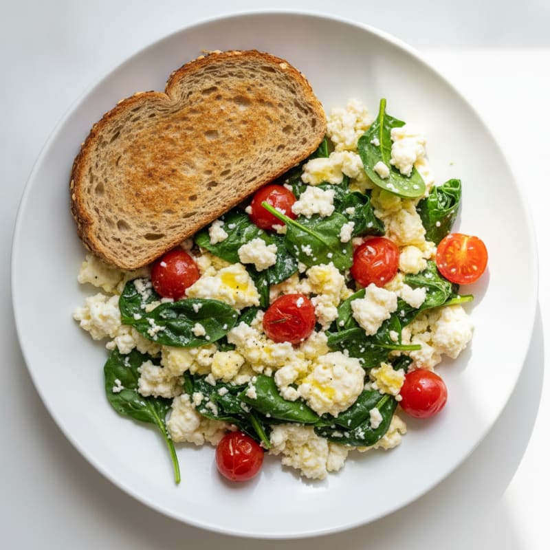 Egg White and Cottage Cheese Scramble with Spinach and Cherry Tomatoes