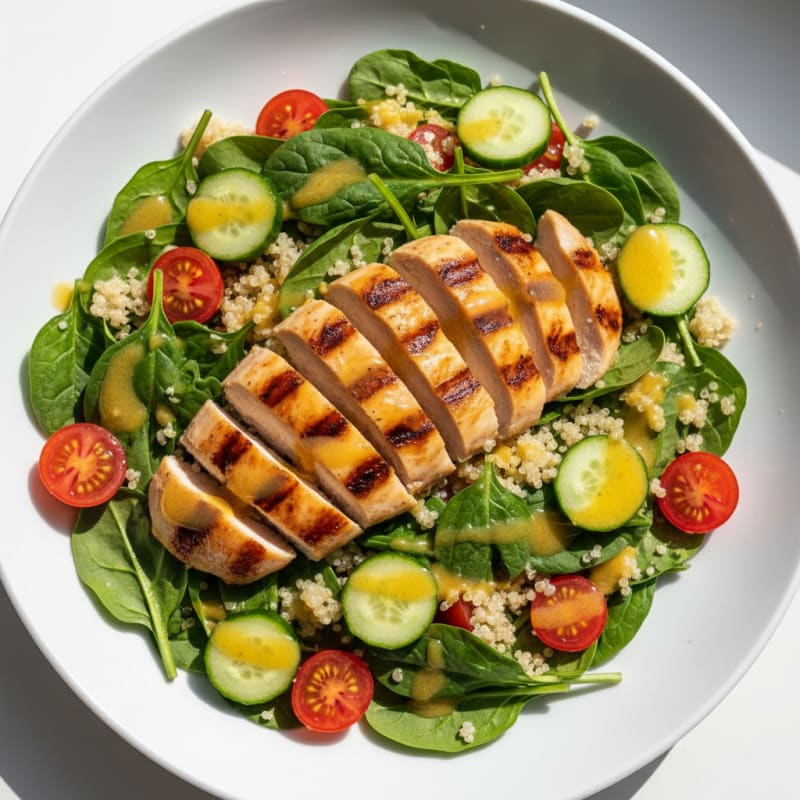 Grilled Chicken and Quinoa Spinach Salad with Lemon Vinaigrette