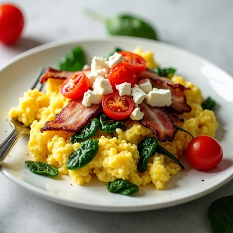 Fluffy Scrambled Eggs with Sautéed Spinach and Cherry Tomatoes