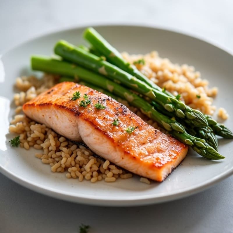 Seared Salmon with Steamed Asparagus and Brown Rice