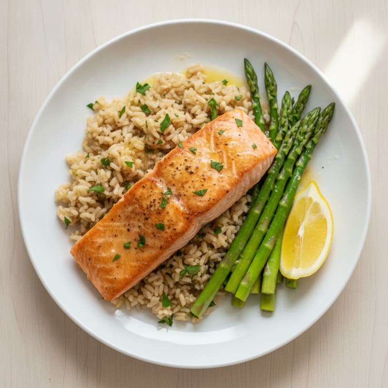 Seared Salmon Fillet with Steamed Asparagus and Herbed Brown Rice