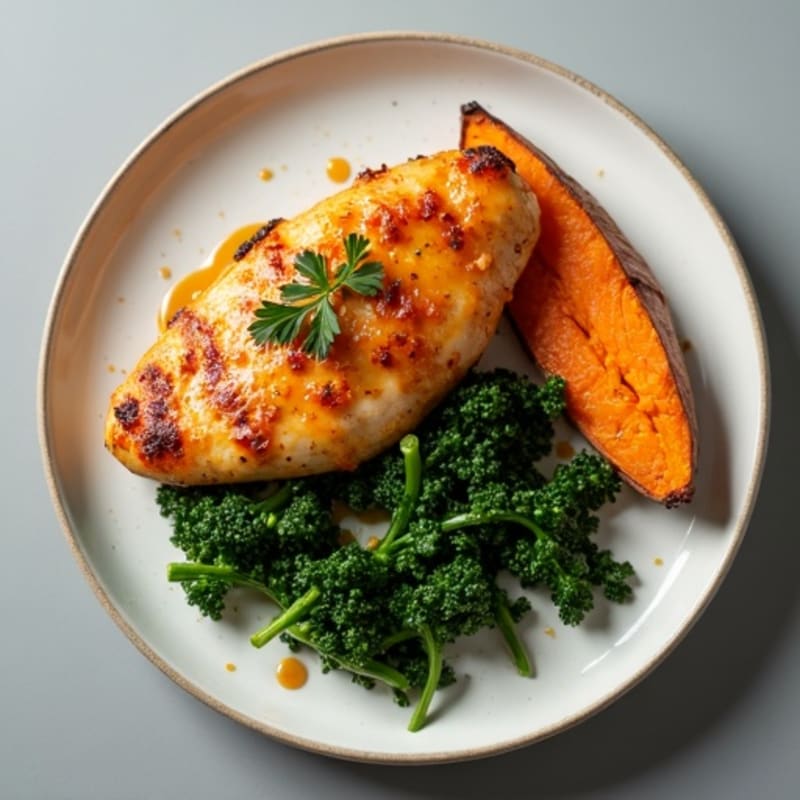 Honey Dijon Baked Chicken with Crispy Kale and Roasted Sweet Potato