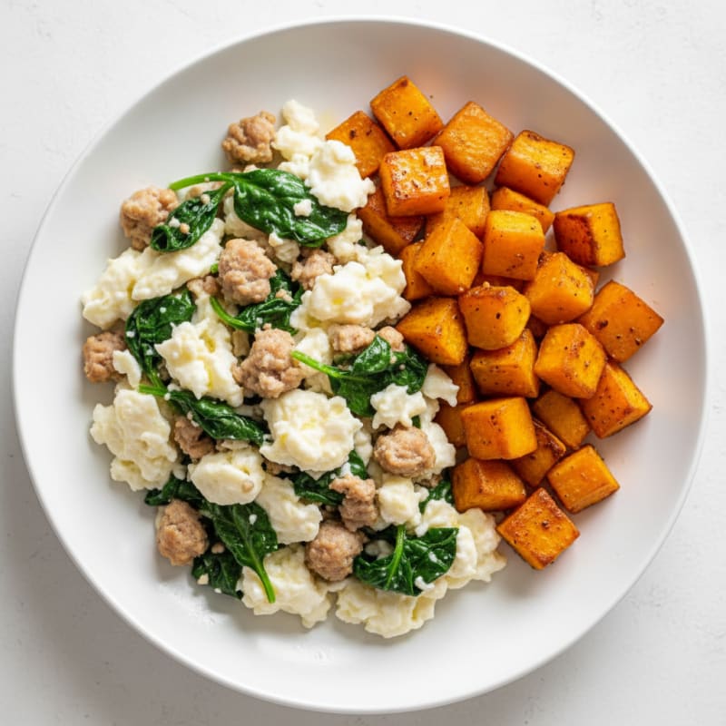 Egg White and Turkey Sausage Scramble with Spinach and Roasted Sweet Potato