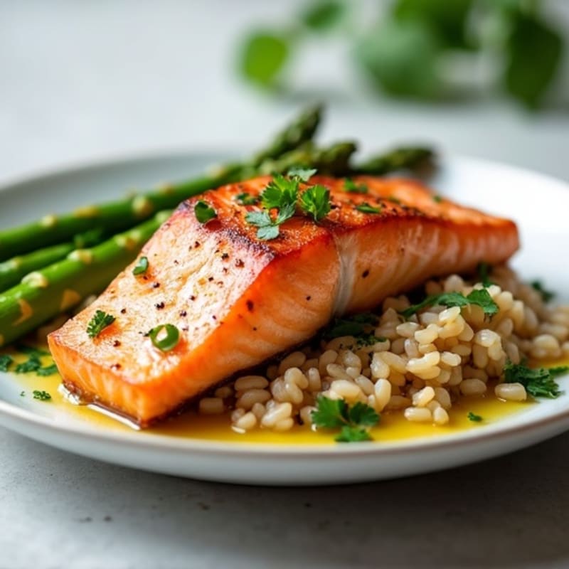 Seared Salmon with Steamed Asparagus and Brown Rice