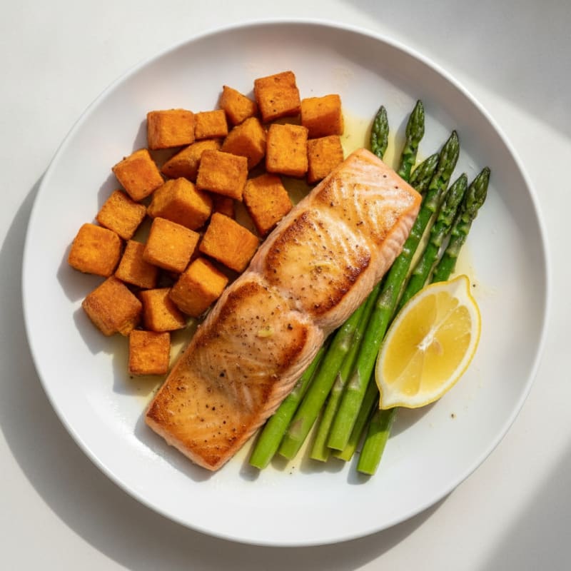 Seared Salmon Fillet with Roasted Sweet Potato and Asparagus