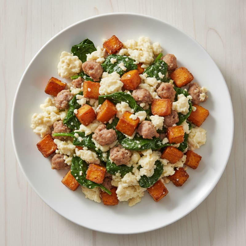 Egg White and Turkey Sausage Scramble with Sautéed Spinach and Sweet Potato Cubes