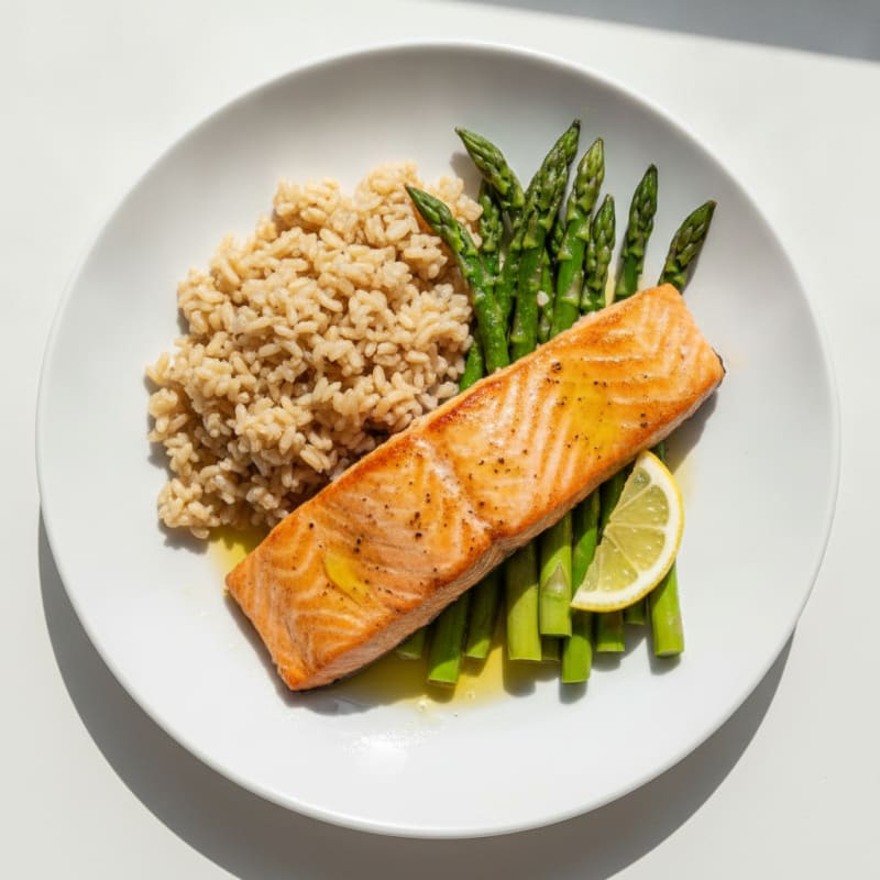 Seared Salmon Fillet with Steamed Asparagus and Brown Rice