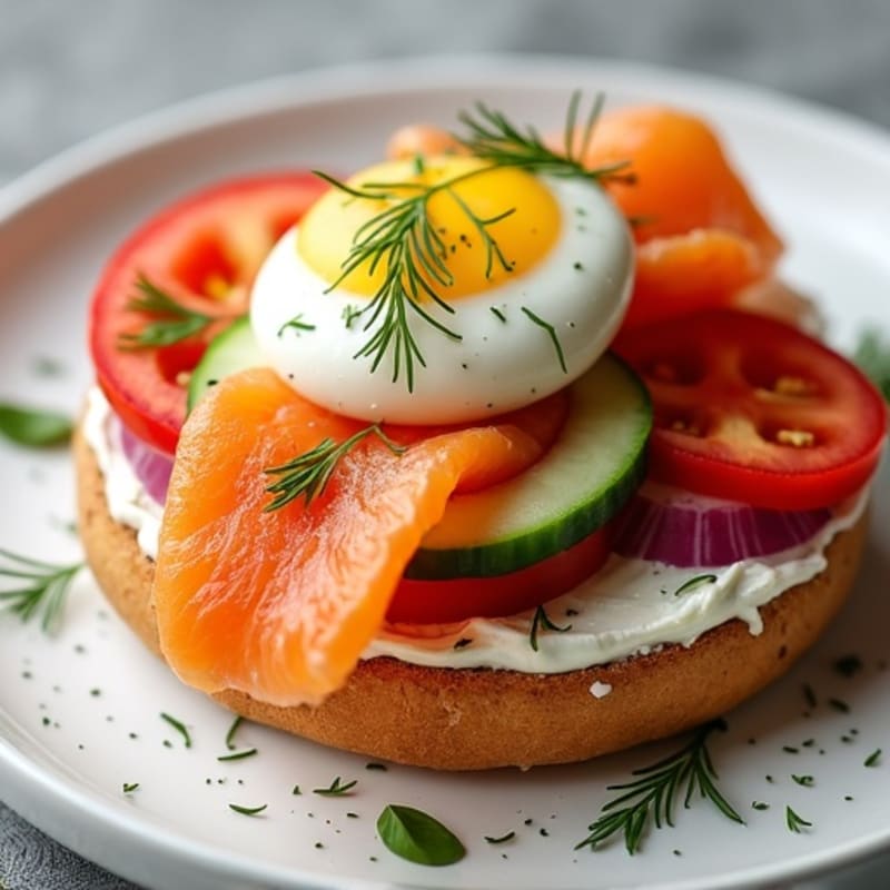 Smoked Salmon Open-Faced Bagel with Creamy Dill and Fresh Veggies