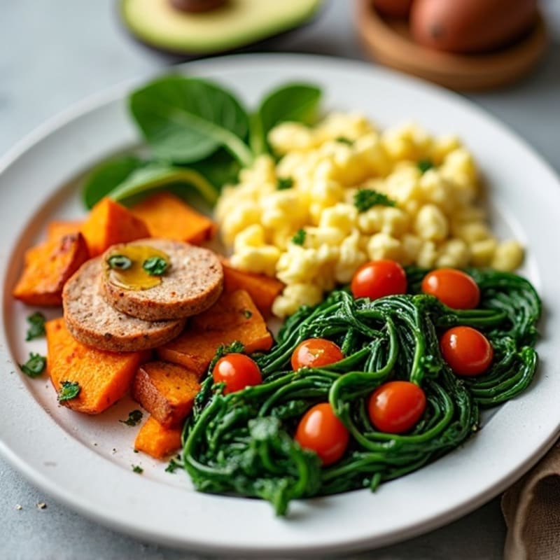 Egg White and Turkey Sausage Scramble with Spinach and Roasted Sweet Potatoes