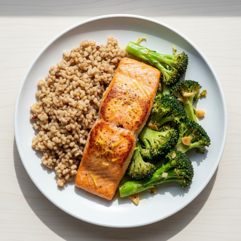 Seared Salmon with Lemon Garlic Broccoli and Brown Rice