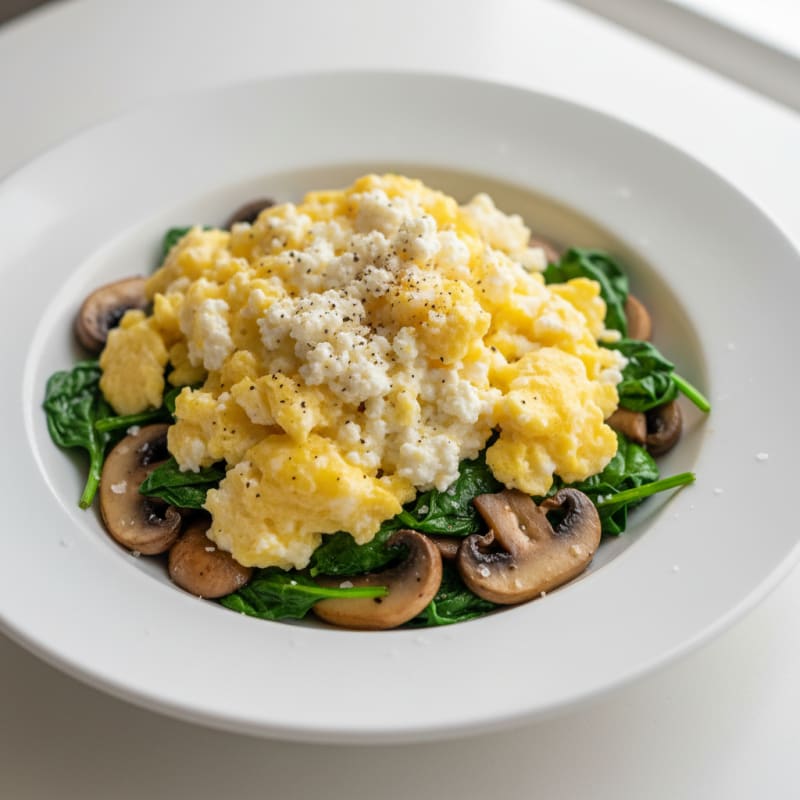 Cottage Cheese Scramble with Spinach and Sautéed Mushrooms