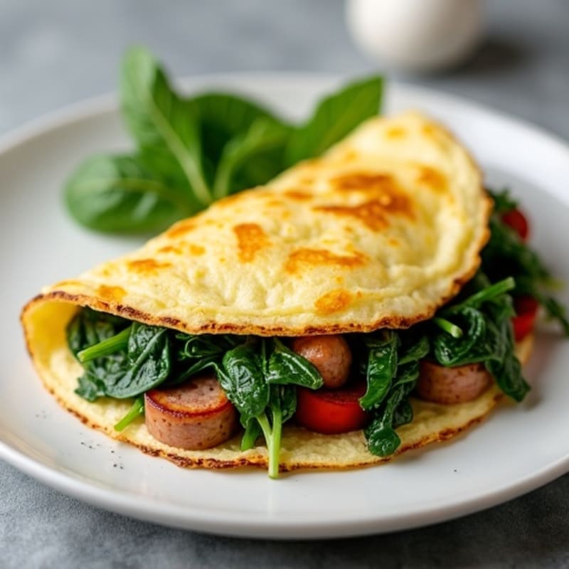 Fluffy Egg White Omelet with Lean Turkey Sausage and Sautéed Greens