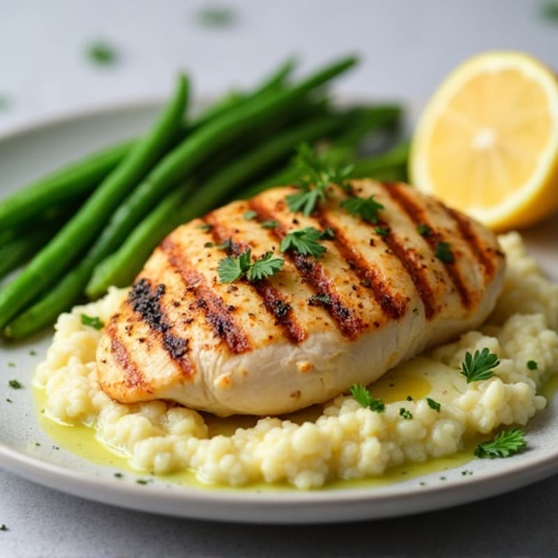 Grilled Chicken Breast with Garlic Herb Cauliflower Mash and Steamed Green Beans