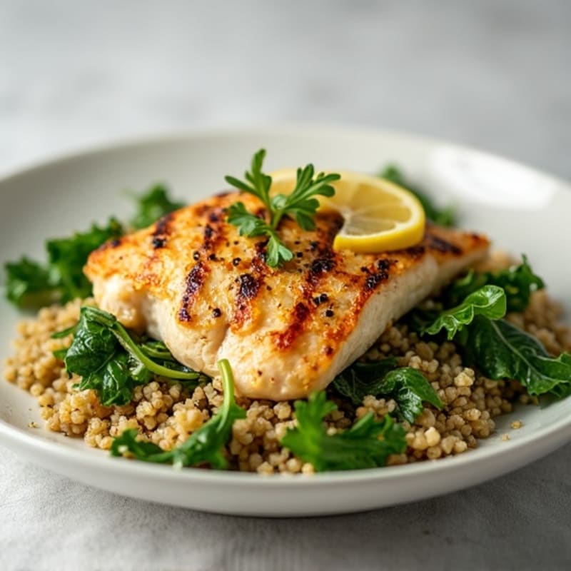 Grilled Chicken Breast over Quinoa and Mixed Greens with Lemon Vinaigrette