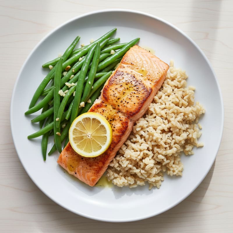Seared Salmon with Garlic Green Beans and Brown Rice