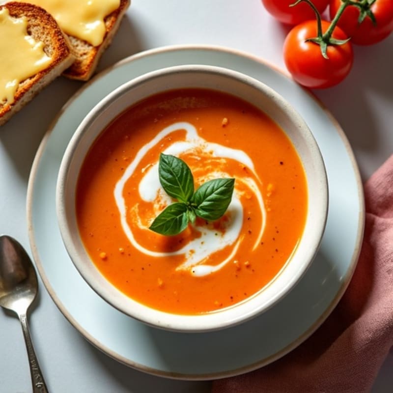 Creamy Roasted Tomato Basil Soup with Crispy Whole Wheat Cheese Toasts