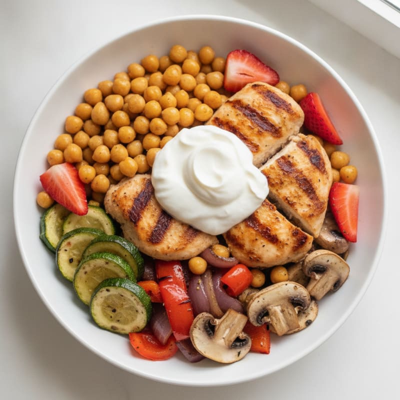 Grilled Chicken and Chickpea Power Bowl with Roasted Zucchini and Peppers