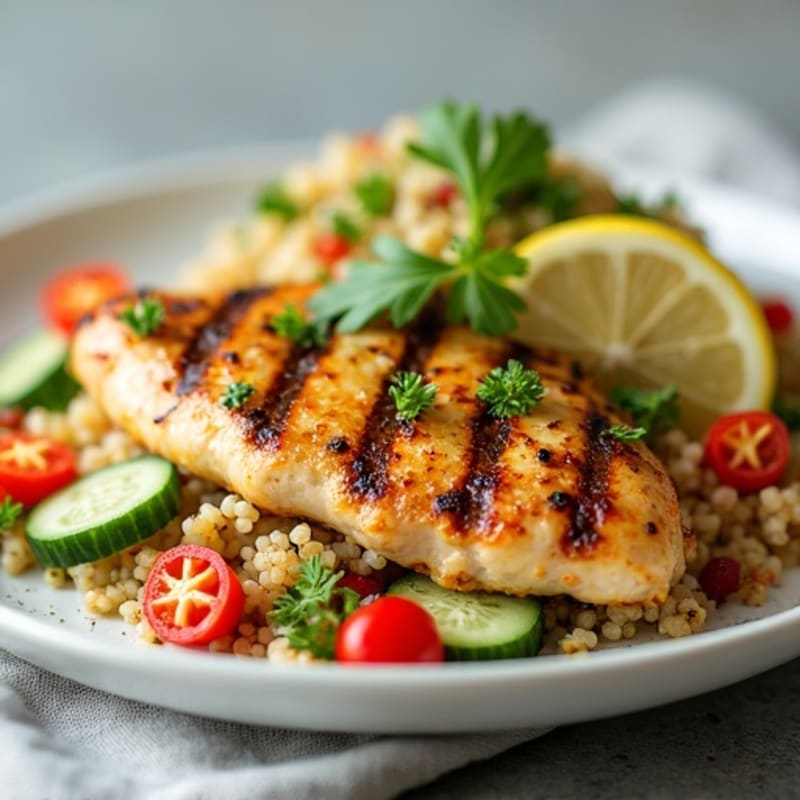 Grilled Chicken Breast with Crunchy Quinoa Salad and Lemon Vinaigrette