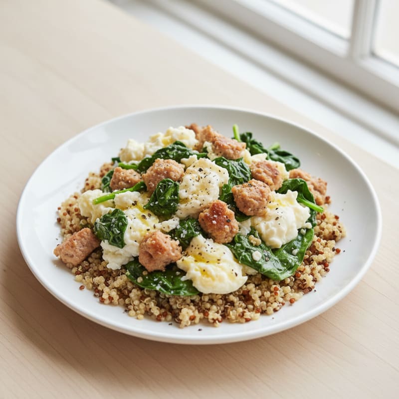 Egg White Scramble with Turkey Sausage and Sautéed Spinach