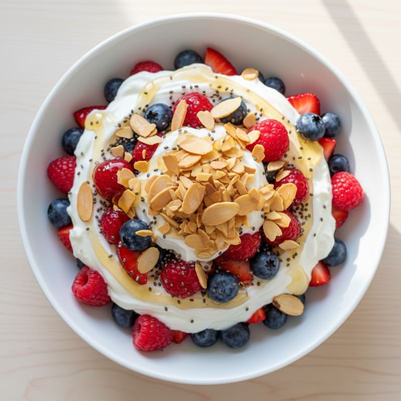 Greek Yogurt Protein Parfait with Almonds and Mixed Berries