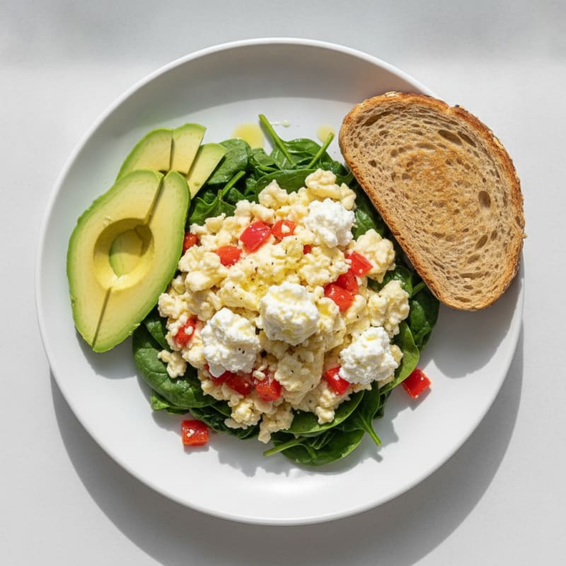 Egg White Veggie Scramble with Cottage Cheese and Sautéed Spinach