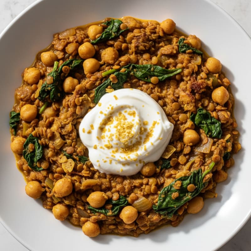 Creamy Lentil and Chickpea Stew with Spinach