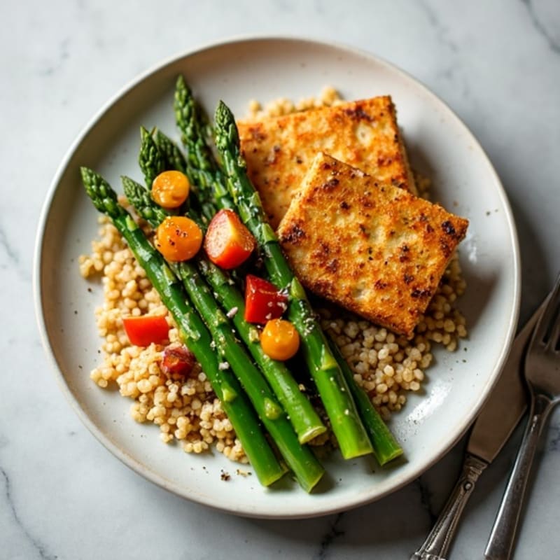 Crispy Baked Tofu with Roasted Asparagus and Quinoa