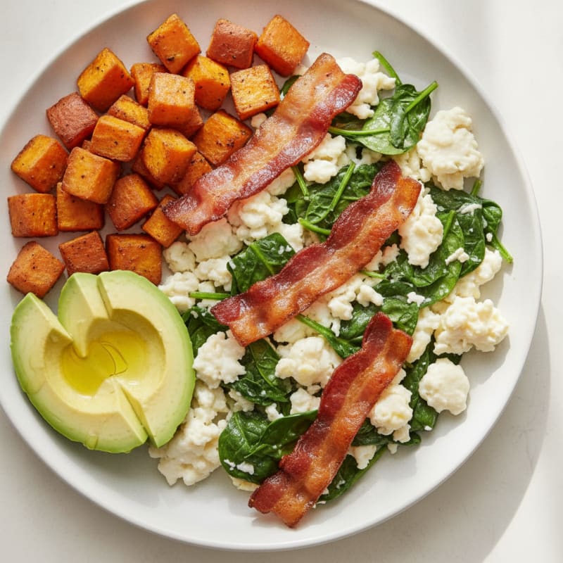 Crispy Turkey Bacon and Egg White Scramble with Sautéed Spinach