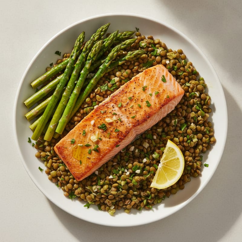 Crispy Baked Salmon with Herbed Lentils and Steamed Asparagus