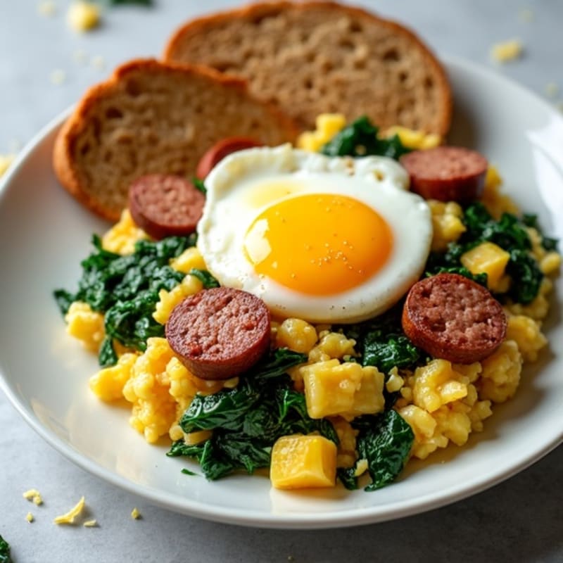 Cottage Cheese Scramble with Turkey Sausage and Sautéed Spinach