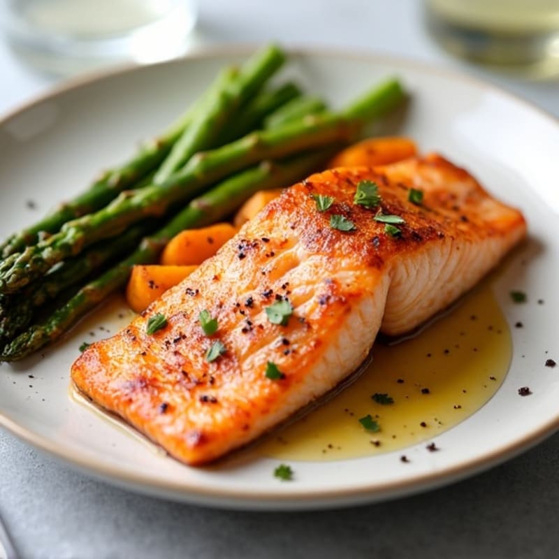 Seared Salmon with Roasted Sweet Potatoes and Asparagus