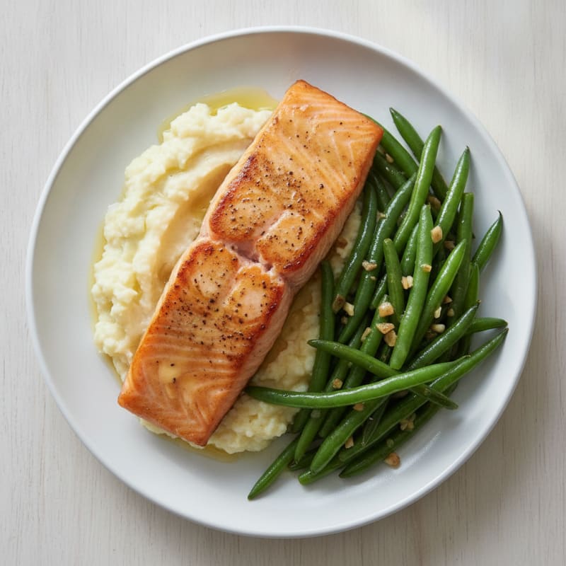 Seared Salmon with Garlic Green Beans and Cauliflower Mash