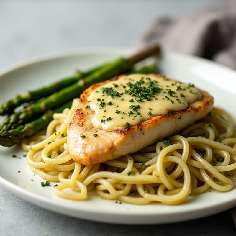 Creamy Pesto Chicken with Whole Wheat Pasta and Roasted Asparagus