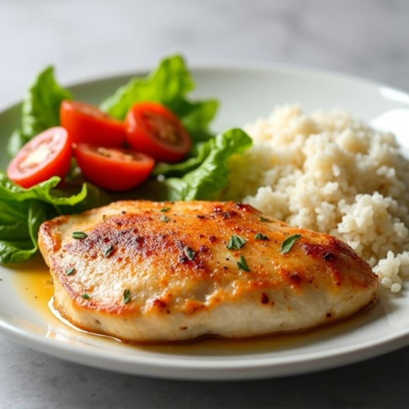 Pan-Seared Chicken Breast with Crisp Lettuce and Tomato Salad and Steamed Rice